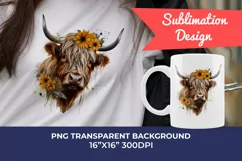 Highland Cow with Sunflowers Watercolor PNG for Sublimation Product Image 1