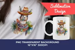 Cute Llama Wearing Sombrero Watercolor PNG for Sublimation Product Image 1