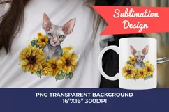 Sphynx Cat and Sunflowers Watercolor PNG for Sublimation Product Image 1