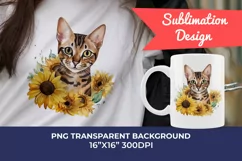 Bengal Cat and Sunflowers Watercolor Clipart PNG Sublimation Product Image 1