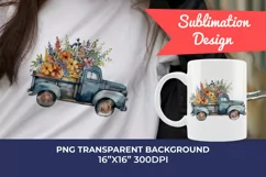 Vintage Truck and Spring Flowers Watercolor PNG Sublimation Product Image 1
