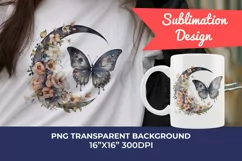 Moon Butterfly and Flowers Watercolor PNG for Sublimation Product Image 1