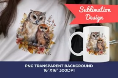 Mother and Baby Owl Watercolor Clipart - Sublimation PNG Product Image 1