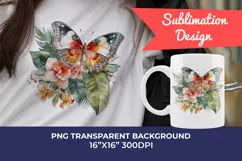Watercolor Butterflies with Tropical Flowers PNG Sublimation Product Image 1