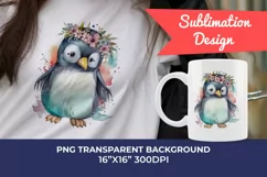 Cute Penguin and Flowers Watercolor PNG for Sublimation Product Image 1