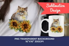 Persian Cat and Sunflowers Watercolor PNG for Sublimation Product Image 1