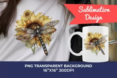 Watercolor Dragonfly and Sunflowers PNG for Sublimation Product Image 1