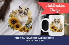 Ragdoll Cat and Sunflowers Watercolor PNG for Sublimation Product Image 1