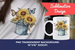 Sunflowers in Bucket Watercolor PNG for Sublimation Product Image 1