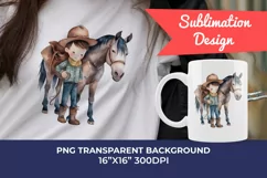 Little Cowboy and His Horse Watercolor PNG for Sublimation Product Image 1