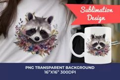 Cute Raccoon with Flowers Watercolor PNG for Sublimation Product Image 1