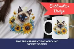 Siamese Cat and Sunflowers Watercolor PNG for Sublimation Product Image 1