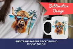 Summer Vibes Highland Cow Watercolor PNG for Sublimation Product Image 1