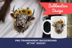 Highland Cow with Sunflowers Watercolor PNG for Sublimation Product Image 1