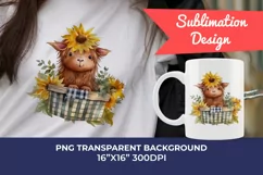 Cute Baby Highland Cow and Sunflowers Watercolor Sublimation Product Image 1