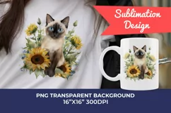 Siamese Cat and Sunflowers Watercolor PNG for Sublimation Product Image 1