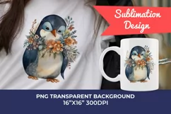 Cute Penguin and Flowers Watercolor PNG for Sublimation Product Image 1