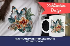 Watercolor Butterflies with Tropical Flowers PNG Sublimation Product Image 1