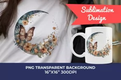 Moon Butterfly and Flowers Watercolor PNG for Sublimation Product Image 1