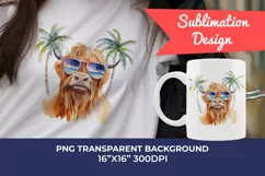 Summer Vibes Highland Cow Watercolor PNG for Sublimation Product Image 1