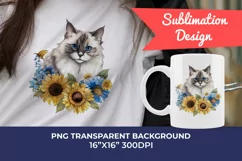 Ragdoll Cat and Sunflowers Watercolor PNG for Sublimation Product Image 1