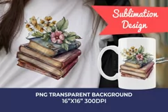 Vintage Books and Flowers Watercolor PNG for Sublimation Product Image 1
