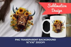 Highland Cow with Sunflowers Watercolor PNG for Sublimation Product Image 1