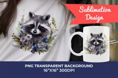Cute Raccoon with Flowers Watercolor PNG for Sublimation Product Image 1