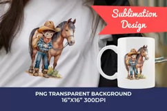 Little Cowboy and His Horse Watercolor PNG for Sublimation Product Image 1