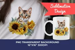 Bengal Cat and Sunflowers Watercolor Clipart PNG Sublimation Product Image 1