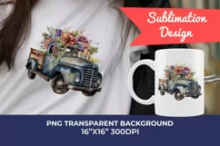 Vintage Truck and Spring Flowers Watercolor PNG Sublimation Product Image 1
