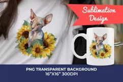 Sphynx Cat and Sunflowers Watercolor PNG for Sublimation Product Image 1