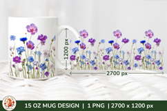 Wild Flowers Mug Sublimation Design Wrap 15 oz, Cottagecore Product Image 1