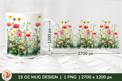 Wild Flowers Mug Sublimation Design Wrap 15 oz, Cottagecore Product Image 1