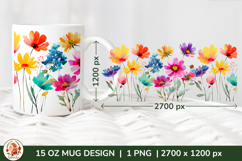 Wild Flowers Mug Sublimation Design Wrap 15 oz, Cottagecore Product Image 1
