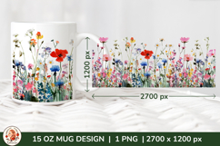 Wild Flowers Mug Sublimation Design Wrap 15 oz, Cottagecore Product Image 1
