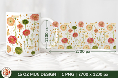 Wild Flowers Mug Sublimation Design Wrap 15 oz, Cottagecore Product Image 1
