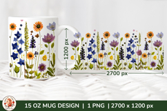 Wild Flowers Mug Sublimation Design Wrap 15 oz, Cottagecore Product Image 1