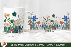 Wild Flowers Mug Sublimation Design Wrap 15 oz, Cottagecore Product Image 1