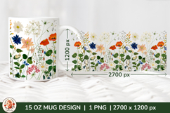 Wild Flowers Mug Sublimation Design Wrap 15 oz, Cottagecore Product Image 1