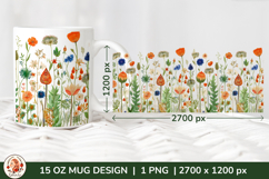 Wild Flowers Mug Sublimation Design Wrap 15 oz, Cottagecore Product Image 1