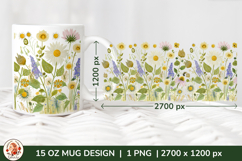 Wild Flowers Mug Sublimation Design Wrap 15 oz, Cottagecore Product Image 1
