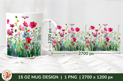 Wild Flowers Mug Sublimation Design Wrap 15 oz, Cottagecore Product Image 1
