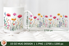 Wild Flowers Mug Sublimation Design Wrap 15 oz, Cottagecore Product Image 1
