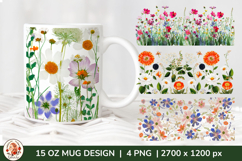 Wild Flowers Mug Sublimation Design Wrap 15 oz, Cottagecore Product Image 1