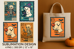 Halloween Postage Stamp Sublimation Tote Bag, Cute Ghost Product Image 1