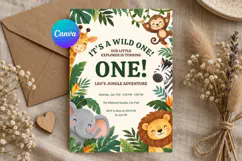 Wild One Jungle Birthday Invitation Editable Canva Template Product Image 1