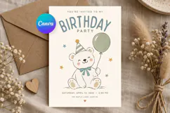 Neutral Teddy Bear Birthday Invitation Canva Template Product Image 1