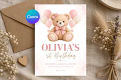 Blush Pink Teddy Bear Birthday Invitation Canva Template Product Image 1