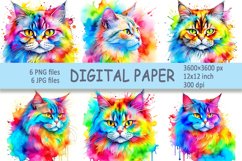 Rainbow cat | Watercolor cat digital paper| Persian cat Product Image 1